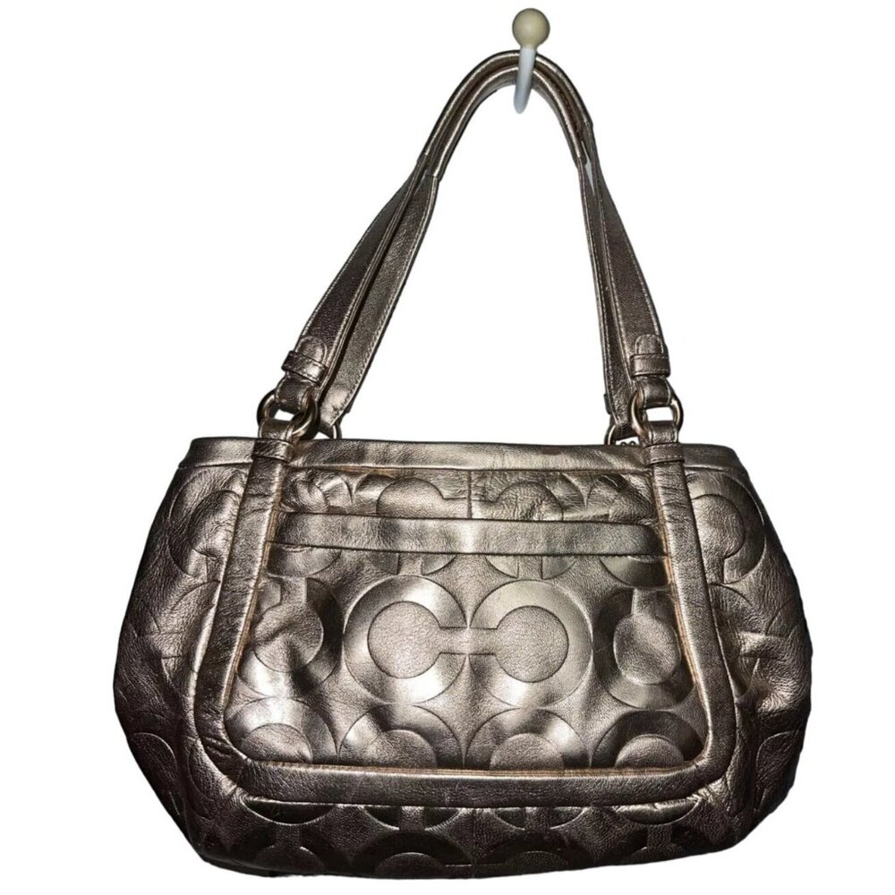 COACH Metallic Rose Gold Embossed C Logo Quilted Leather Satchel Handbag 13607 - Picture 2 of 15